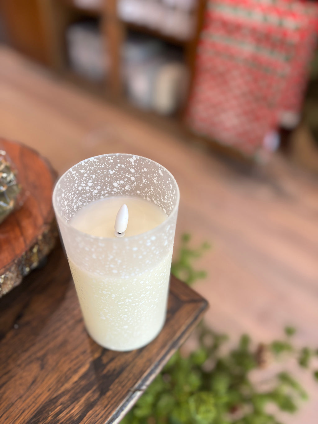 6” snowy glass 3D flame candle