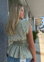 Olive Stripe Print V-Neck Sleeveless Top w/Tie Waist