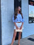 DENIM BLUE WHITE STRIPE BUTTON DOWN BLOUSE