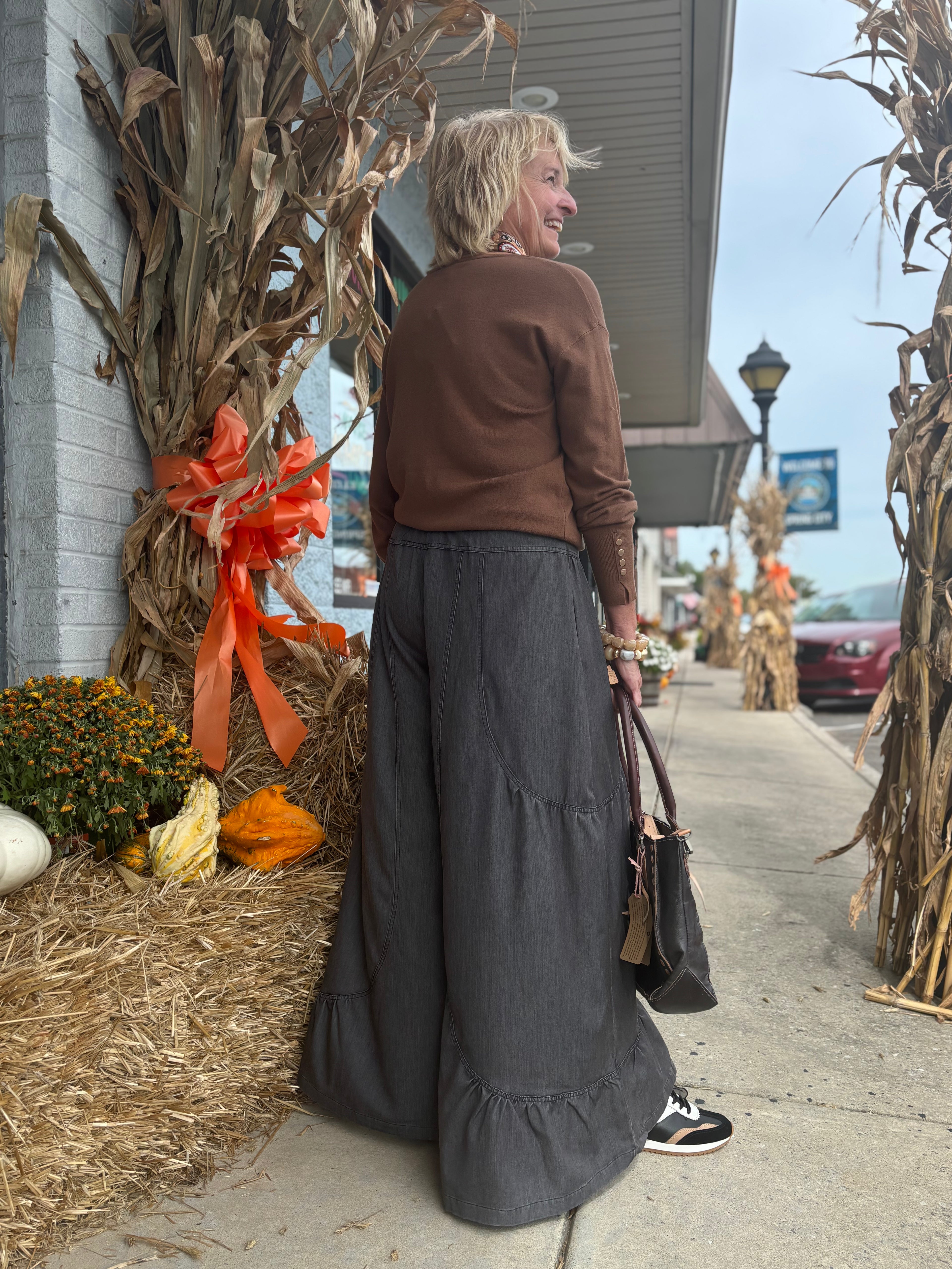 BLACK DENIM MINERAL WASHED WIDE LEG PALAZZO PANTS