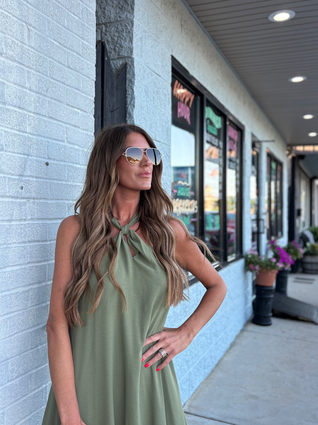 Olive Palm Tree Embroidery Front Tie Halter Maxi Dress