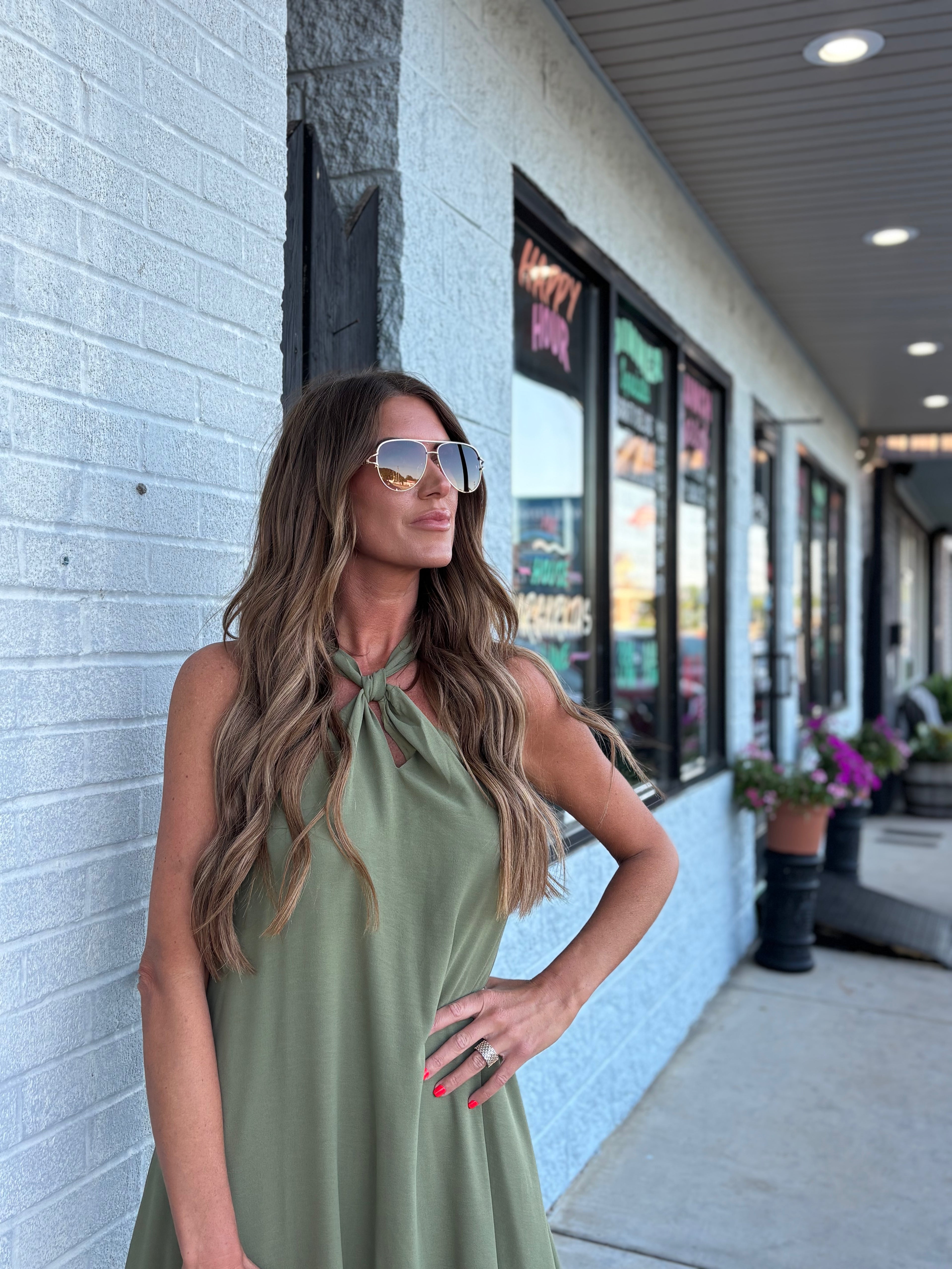 Olive Palm Tree Embroidery Front Tie Halter Maxi Dress