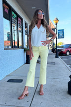 KUT Pastel Yellow KELSEY HIGH RISE ANKLE FLARE WITH RAW HEM