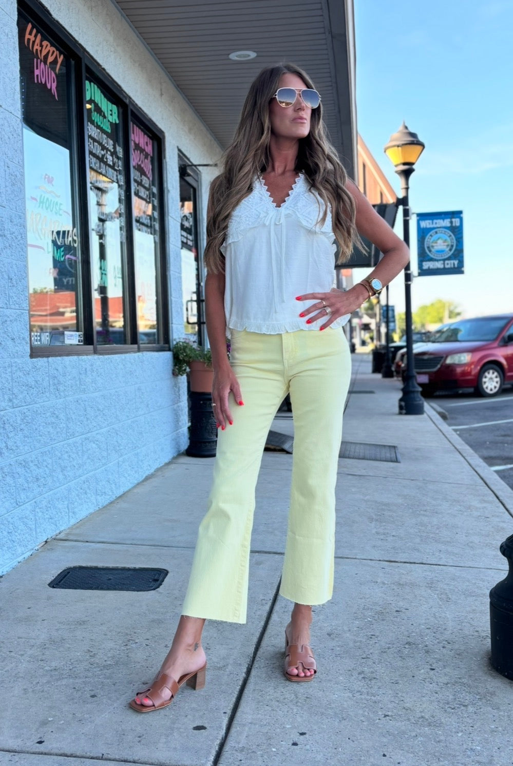 KUT Pastel Yellow KELSEY HIGH RISE ANKLE FLARE WITH RAW HEM