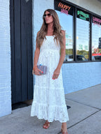 Spaghetti Strap Tiered Maxi Dress with Waist Tie: WhitE