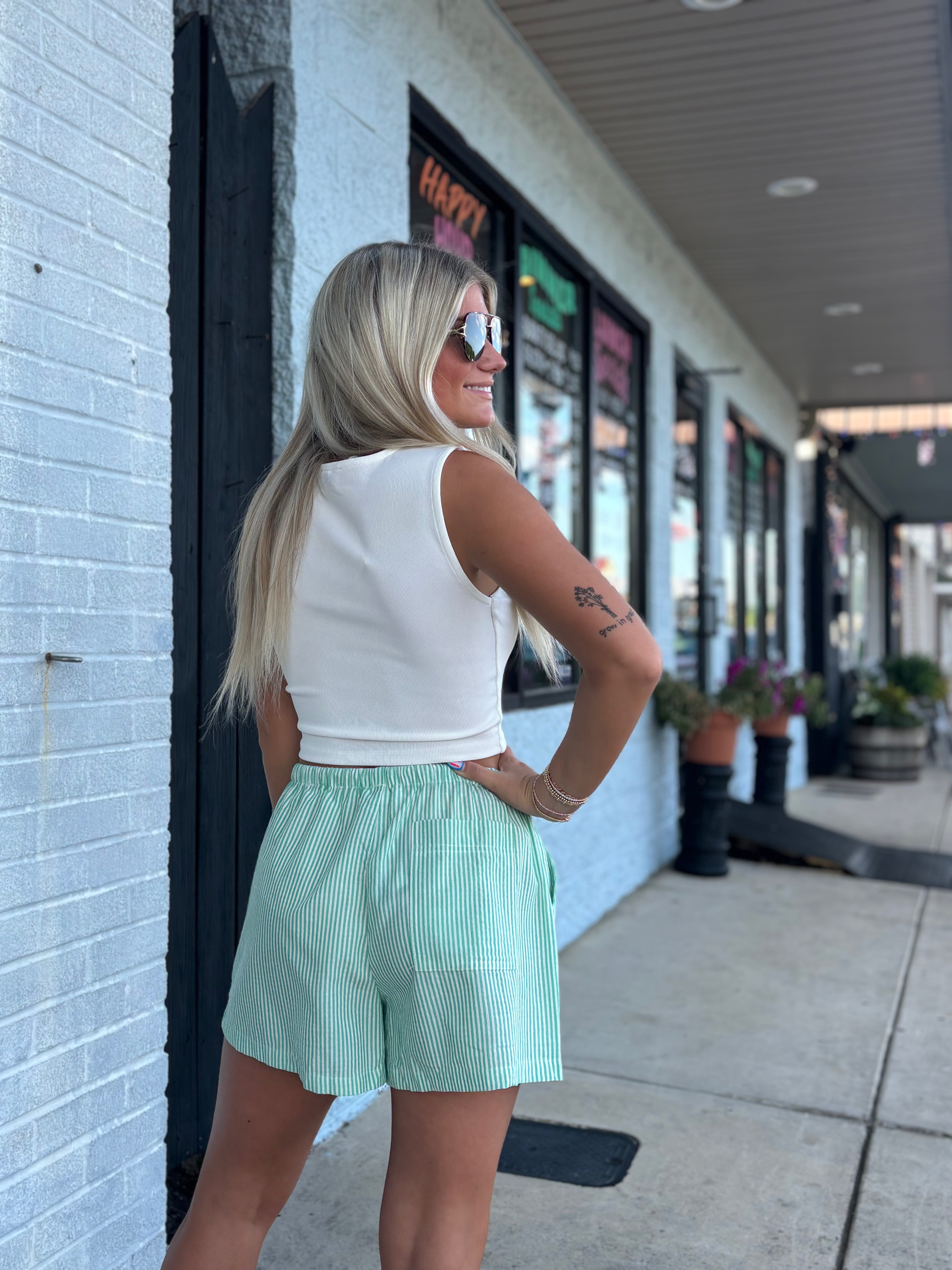 GREEN Striped Drawstring Waist Shorts