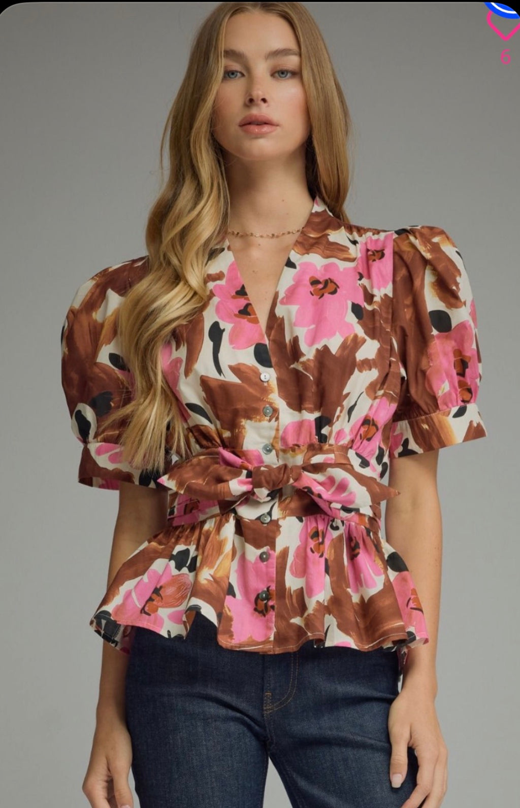 BROWN/PINK FLORAL PEPLUM TOP – ENTRO