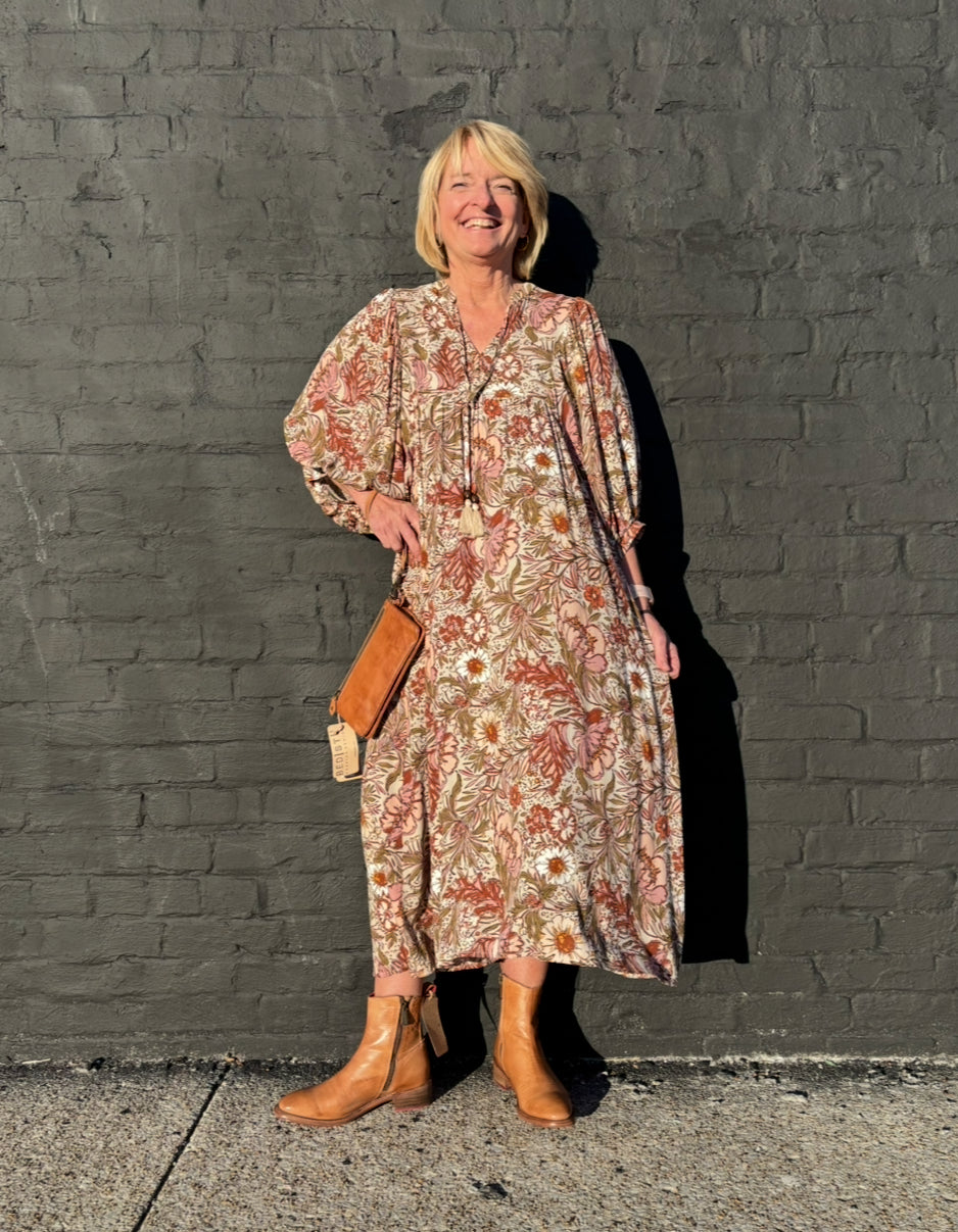 Bohemian Floral Maxi Dress: Beige Multi