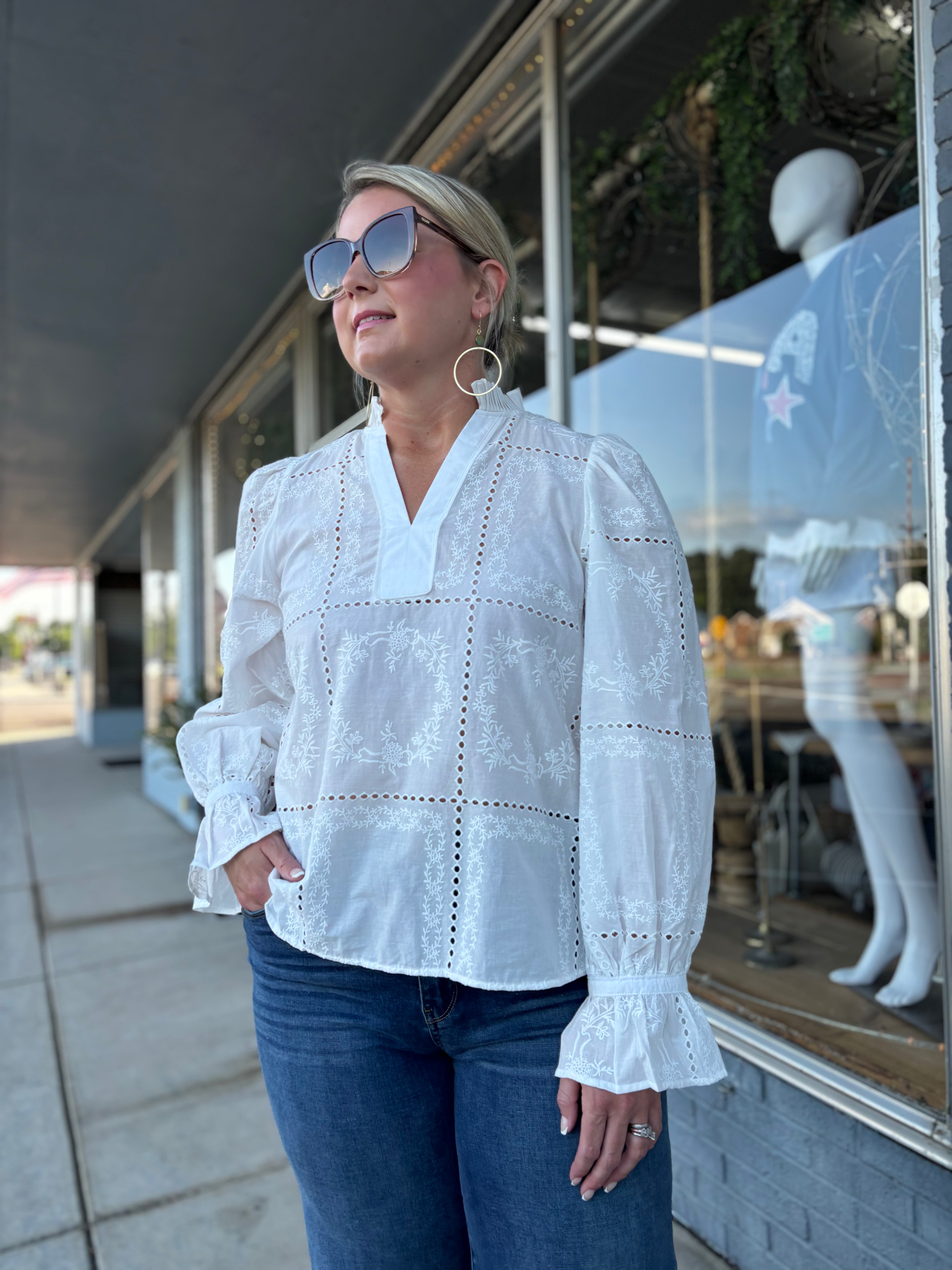 White Blouse W/Scallop Trim, Eyelet Cutouts