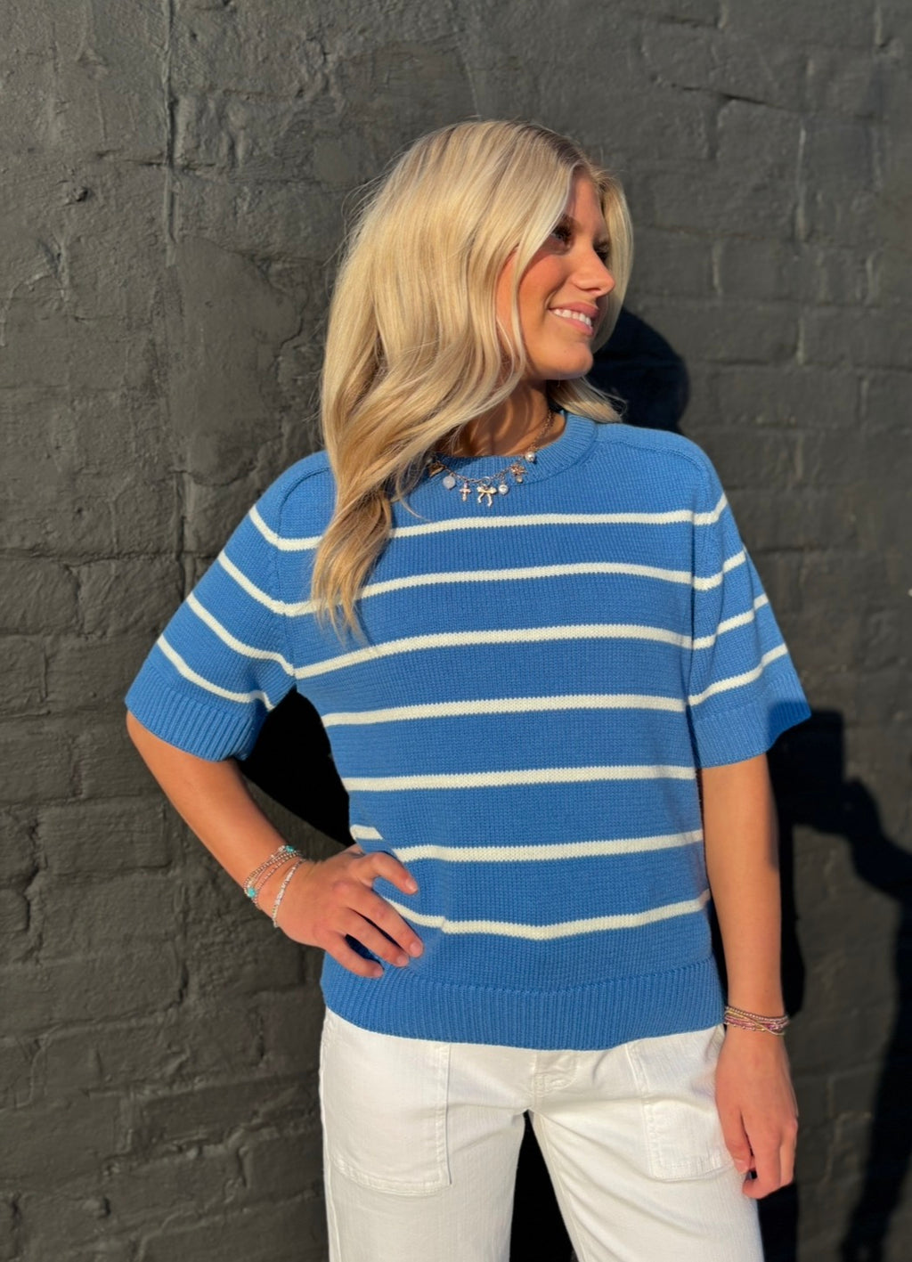 SAPPHIRE BLUE SUMMER ESSENTIAL STRIPE SWEATER TOP WITH RAGLAN SLVS