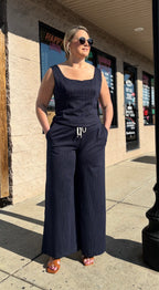 NAVY WHITE Sleeveless Pinstripe Square Neck Fitted Top