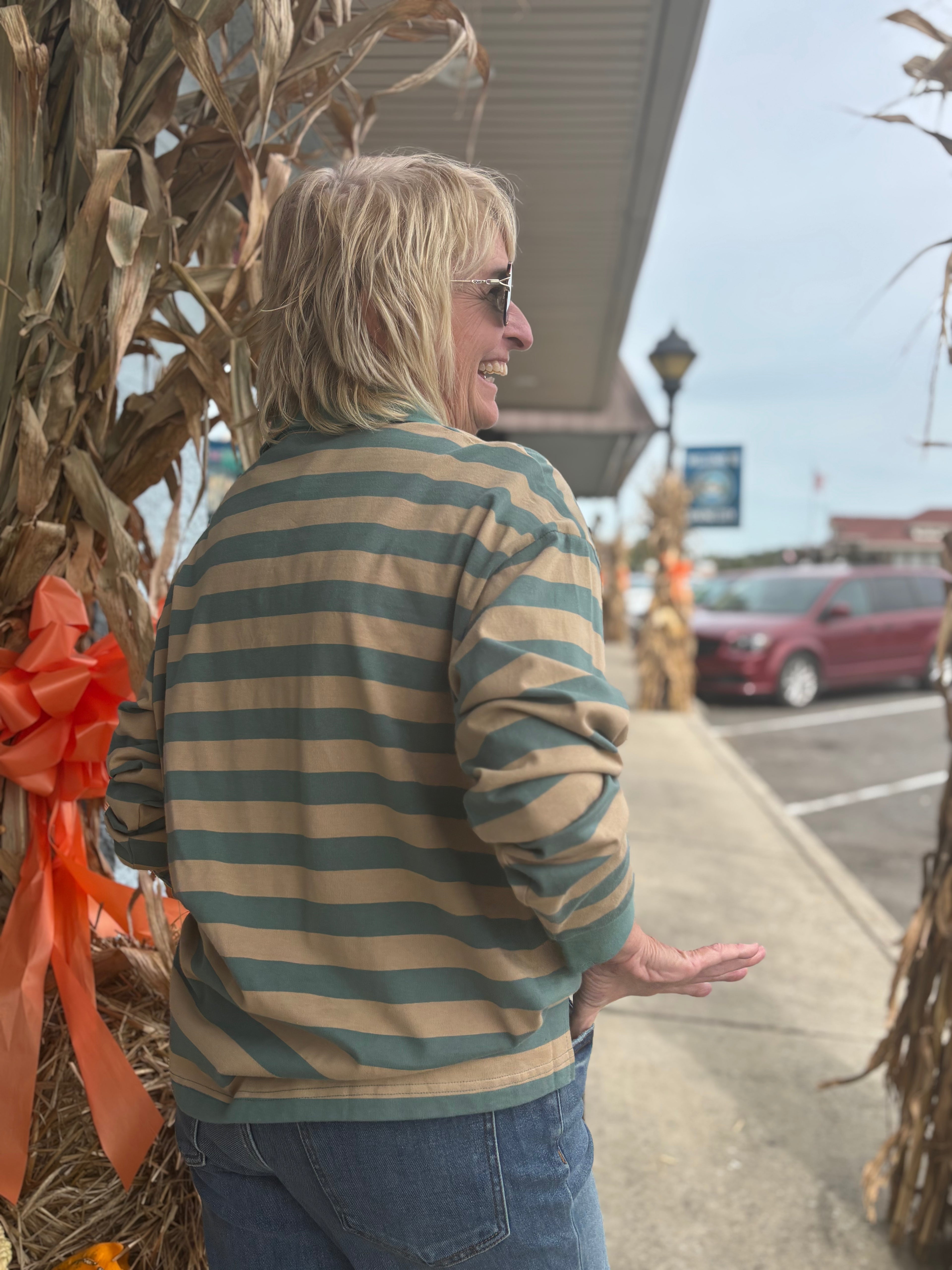 TAUPE/DUSTY TEAL Oversized Stripe Rugby Polo Top
