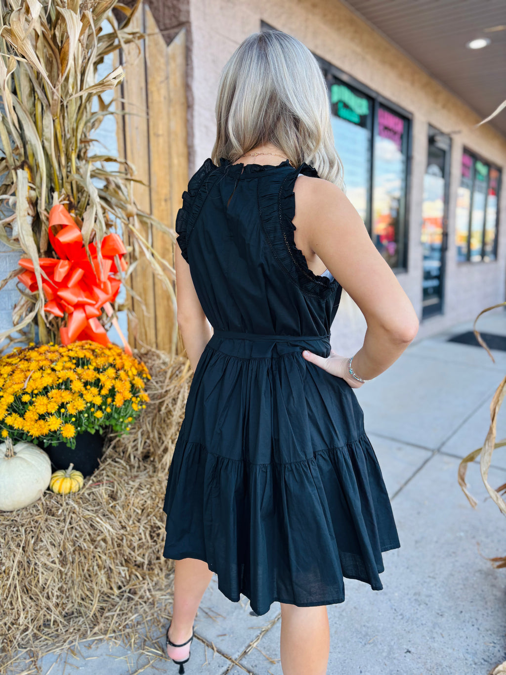 SKIES ARE BLUE BLACK POPLIN RUFFLE SLVE DRESS XS