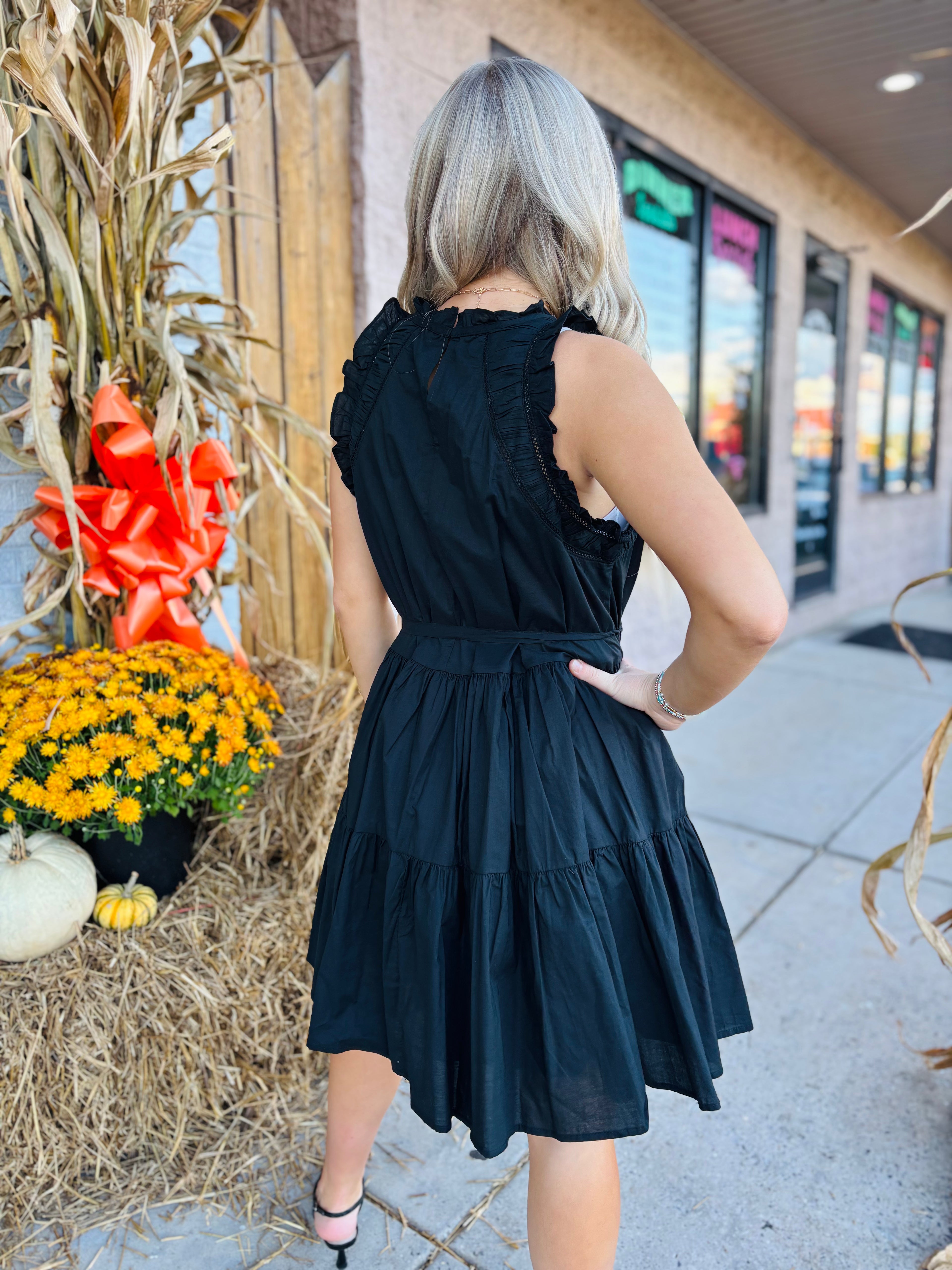 SKIES ARE BLUE BLACK POPLIN RUFFLE SLVE DRESS XS