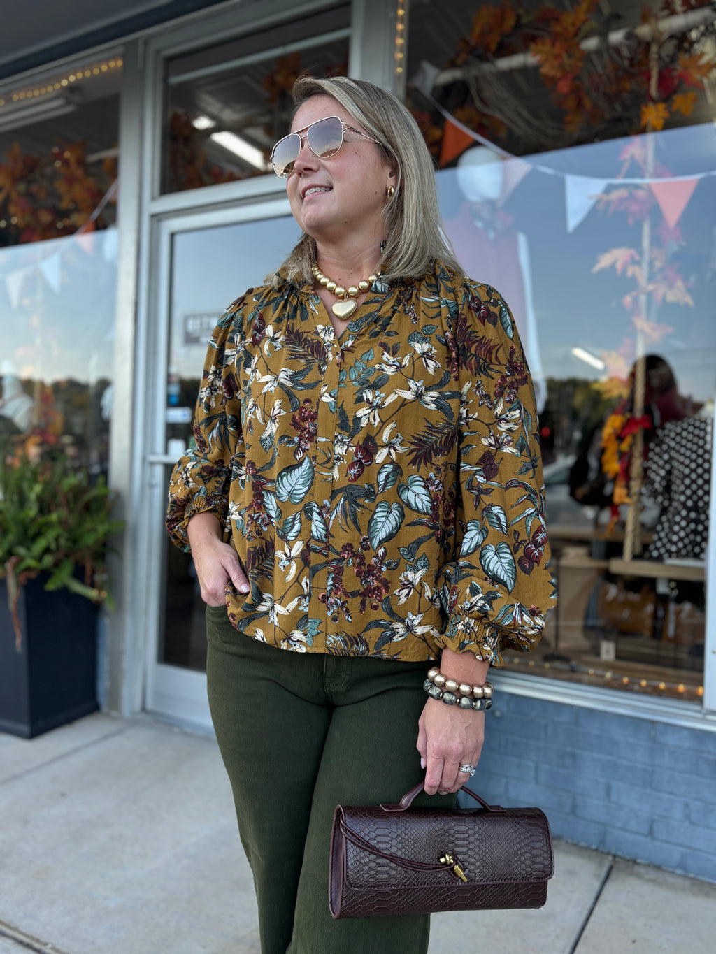 Floral Vine Print Blouse in Dark Mustard Multi – ODDI