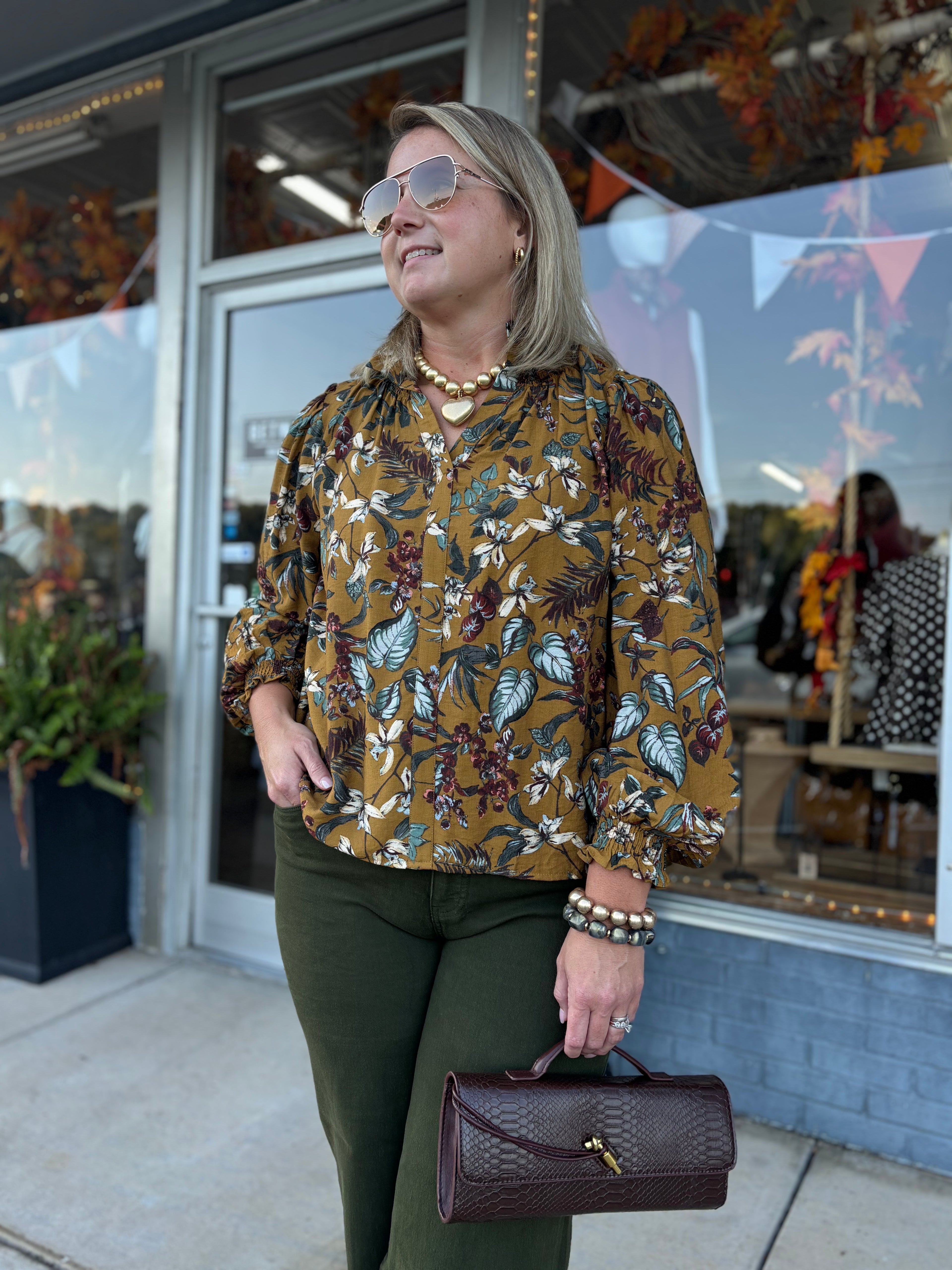 Floral Vine Print Blouse in Dark Mustard Multi – ODDI