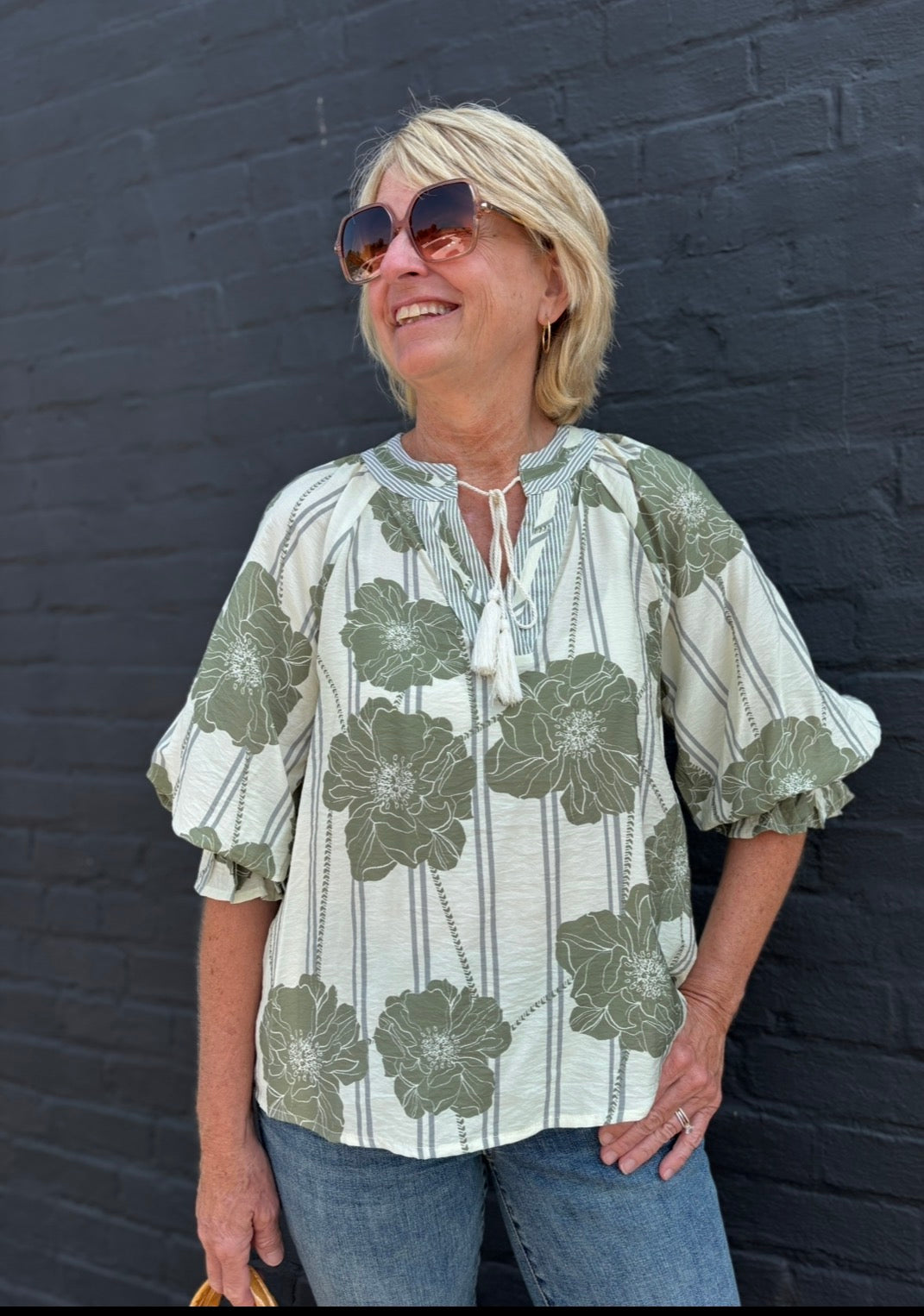 SAGE Botanical Printed Pintuck Top