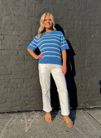 SAPPHIRE BLUE SUMMER ESSENTIAL STRIPE SWEATER TOP WITH RAGLAN SLVS