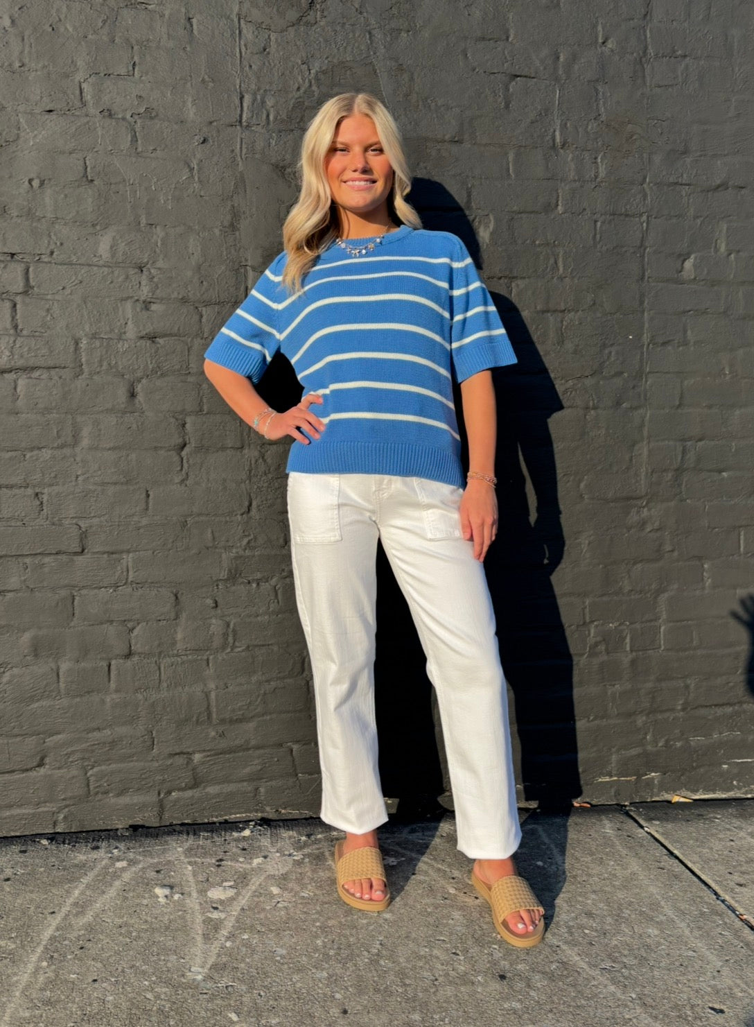 SAPPHIRE BLUE SUMMER ESSENTIAL STRIPE SWEATER TOP WITH RAGLAN SLVS