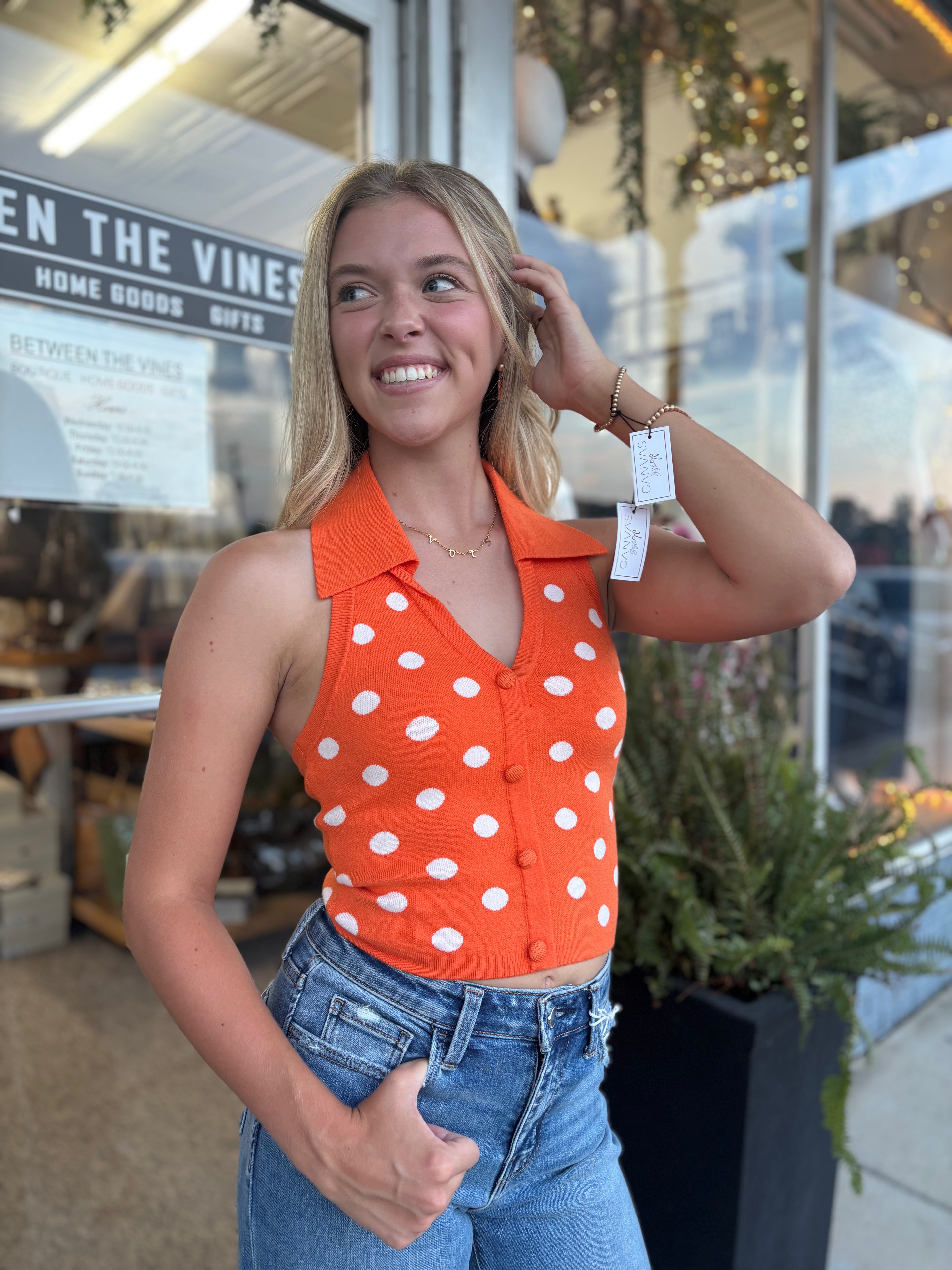 Orange White Dot V-NECK HALTER POLKA DOT KNIT SWEATER TOP