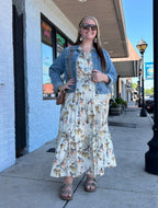 CREAM Floral Print Ruffled Short Sleeve Long Dress