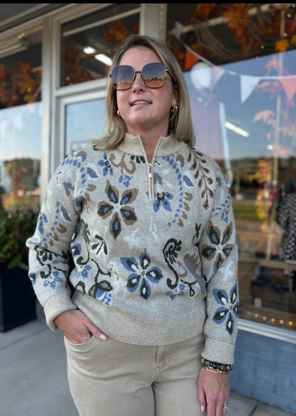 Barley Floral Half Zip Up Sweater