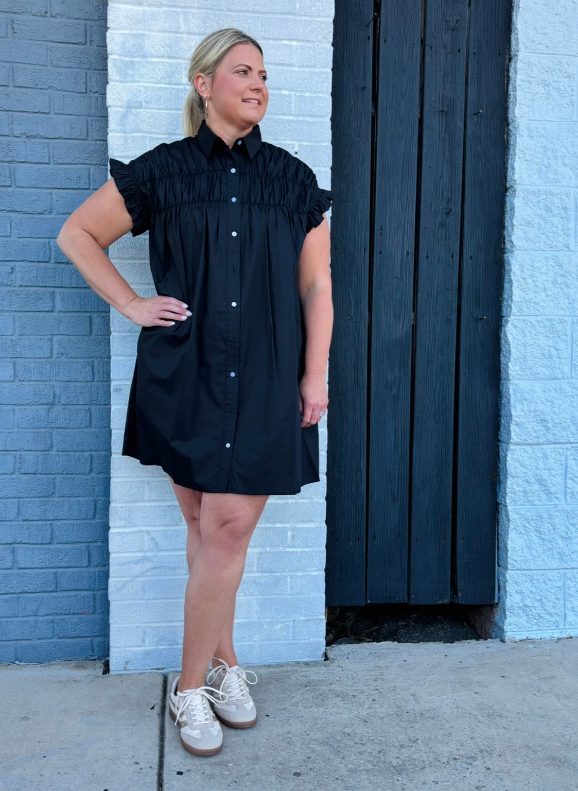 Black Woven Dress w/Smocking