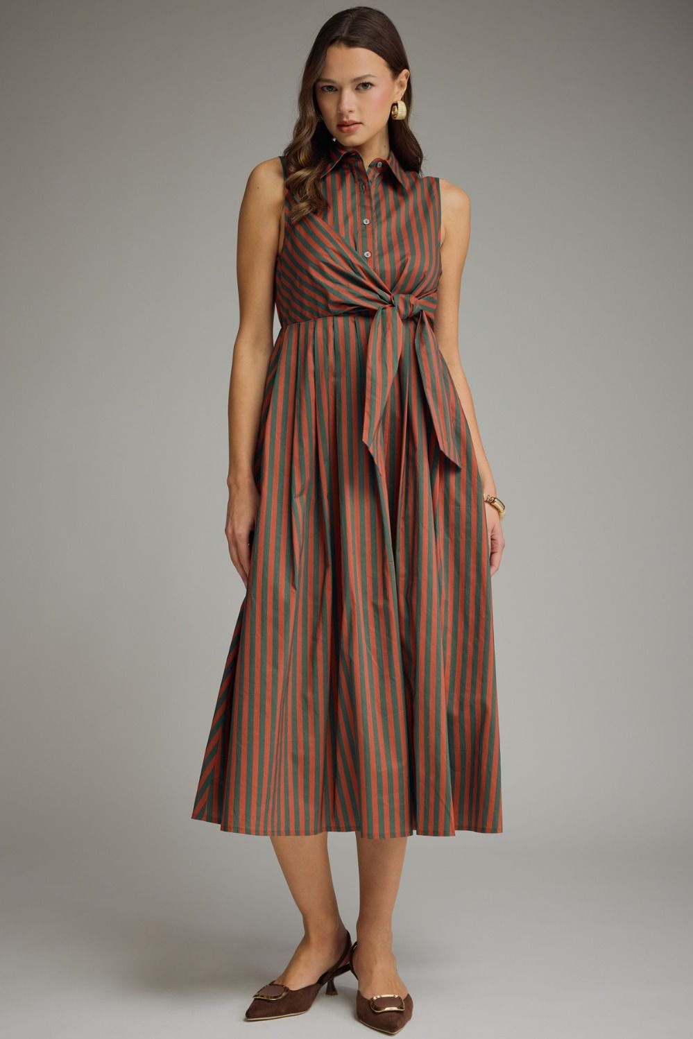 Hunter Green/Rust Striped Sleeveless Dress