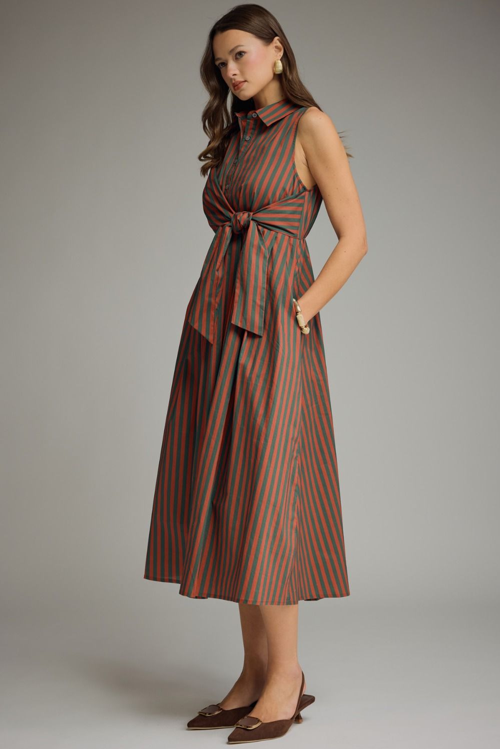 Hunter Green/Rust Striped Sleeveless Dress
