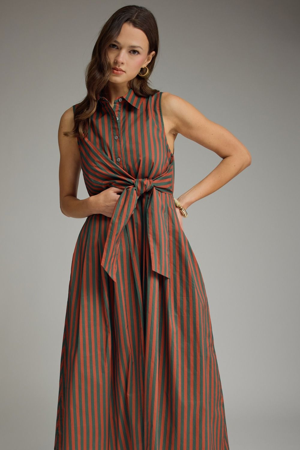 Hunter Green/Rust Striped Sleeveless Dress