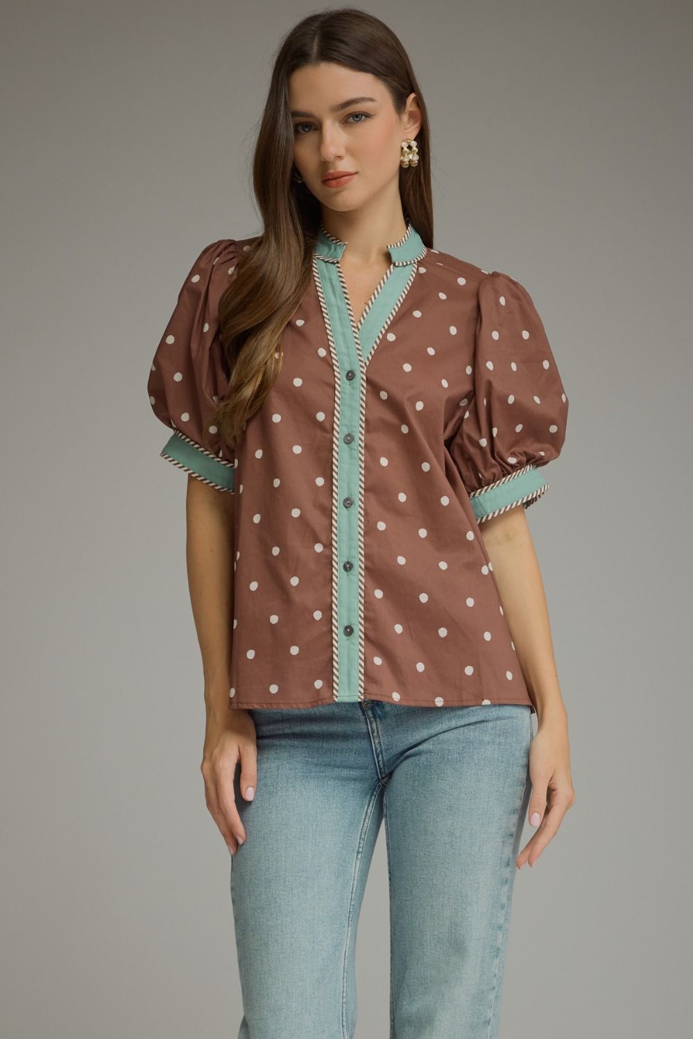 Chocolate/Turquoise polka dot top
