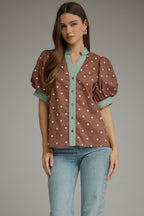 Chocolate/Turquoise polka dot top