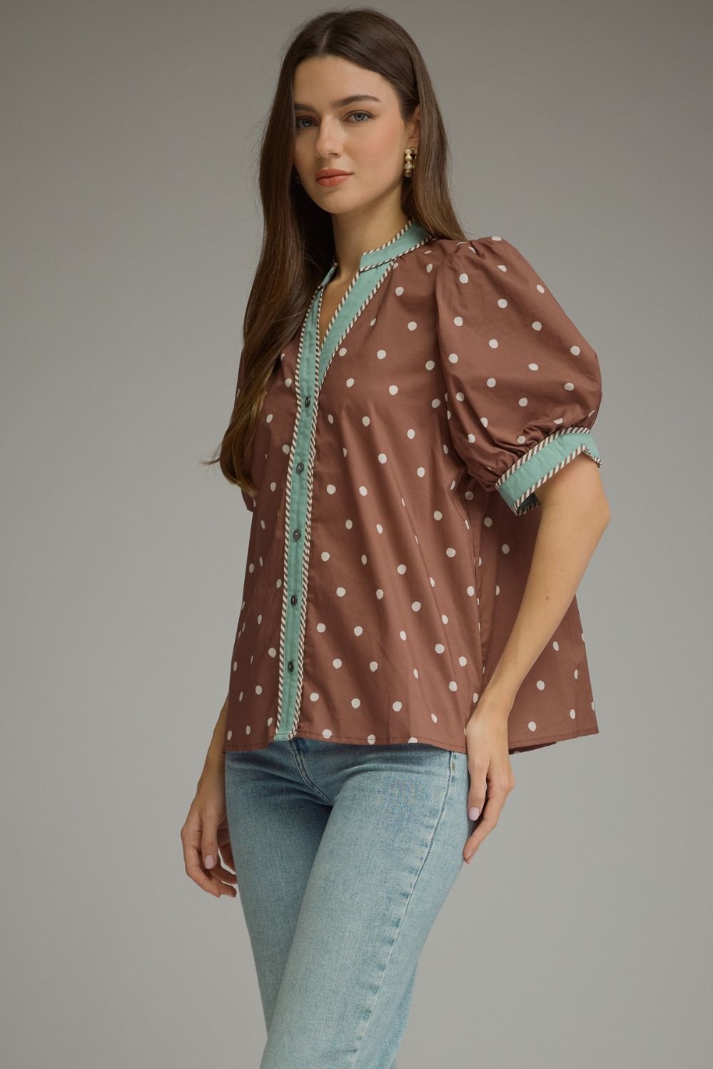 Chocolate/Turquoise polka dot top