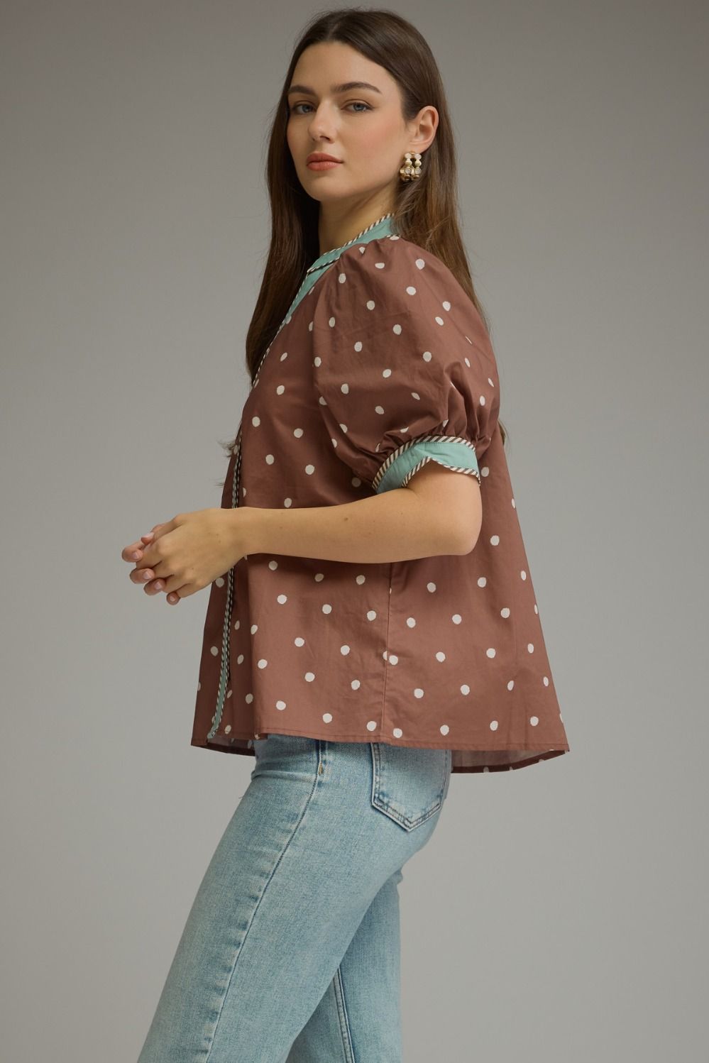 Chocolate/Turquoise polka dot top