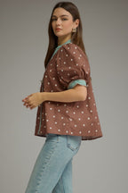 Chocolate/Turquoise polka dot top