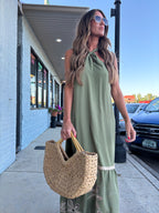 Olive Palm Tree Embroidery Front Tie Halter Maxi Dress
