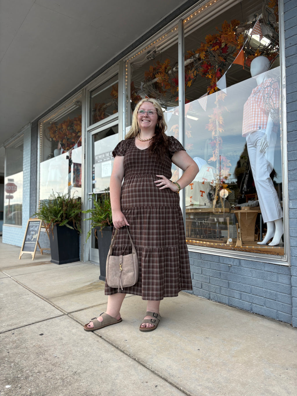 BROWN PLUS PLAID V NECK SMOCKED TIERED MIDI DRESS