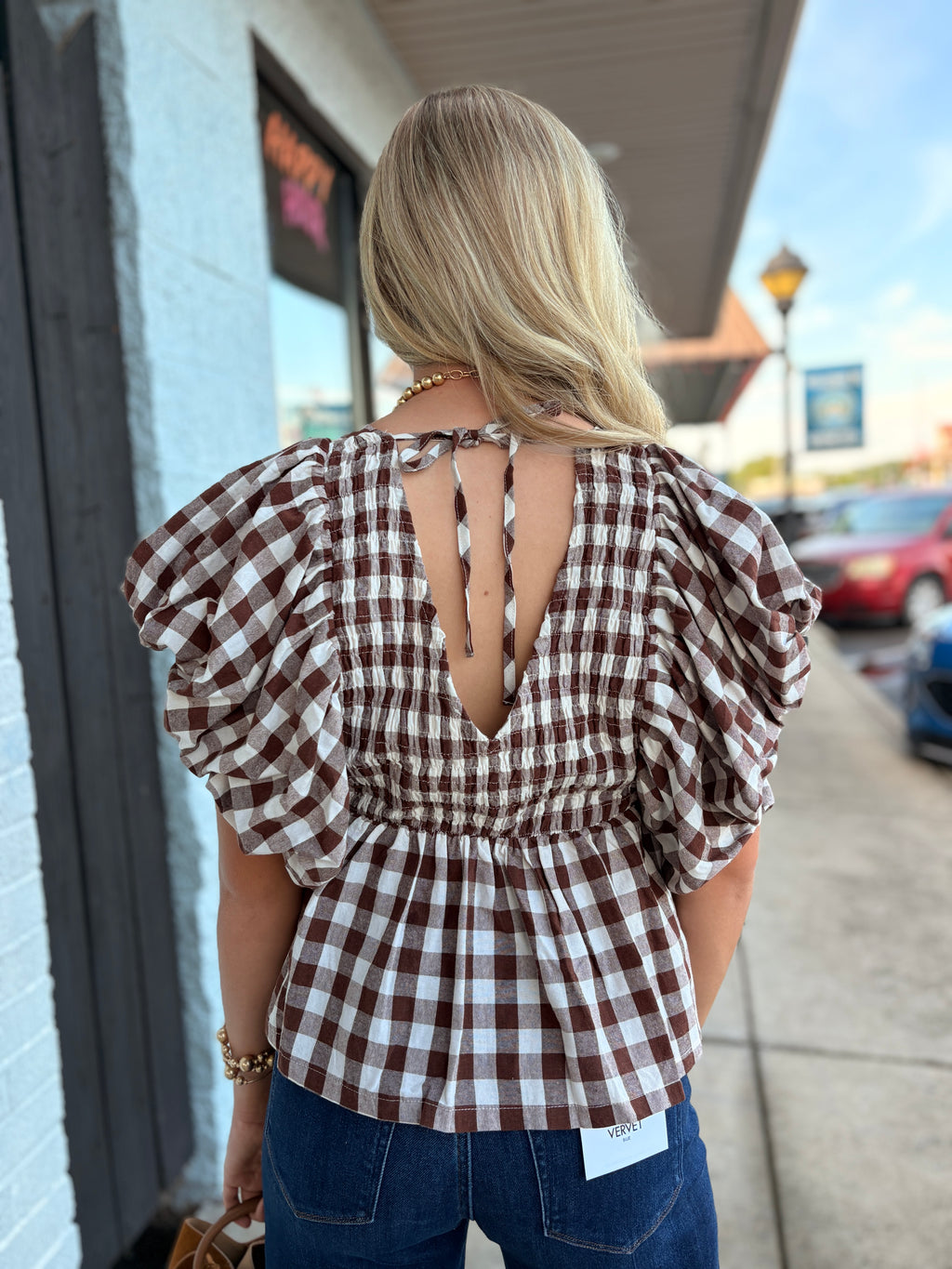 BROWN GINGHAM BUBBLE SLEEVES BACK SMOCKED BLOUSE TOP