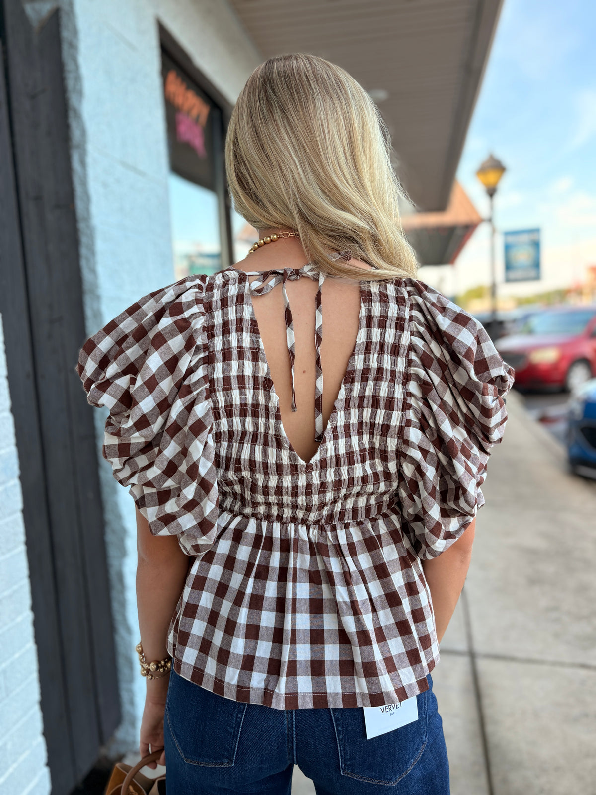 BROWN GINGHAM BUBBLE SLEEVES BACK SMOCKED BLOUSE TOP