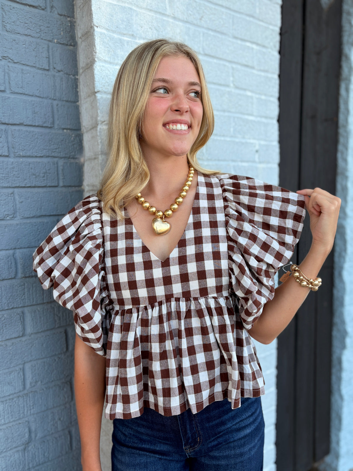 BROWN GINGHAM BUBBLE SLEEVES BACK SMOCKED BLOUSE TOP