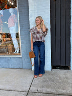 BROWN GINGHAM BUBBLE SLEEVES BACK SMOCKED BLOUSE TOP