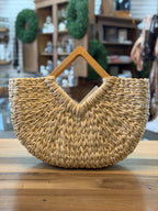 WOVEN NATURAL/GOLD WOODEN HANDLE BAG