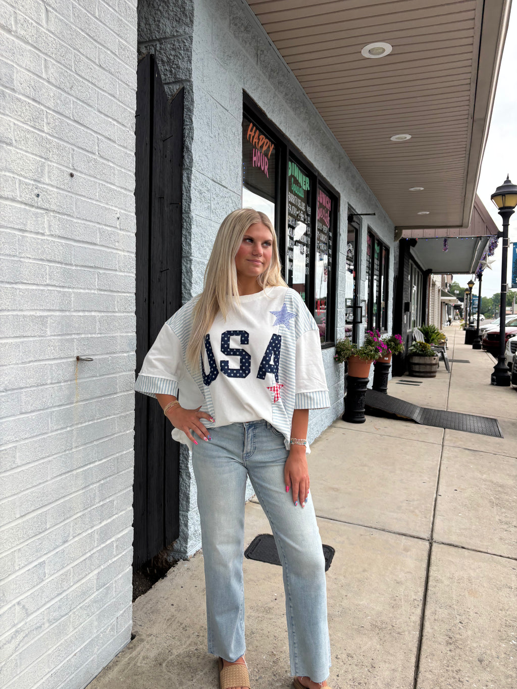 WHITE USA Star Patchwork Oversized Top