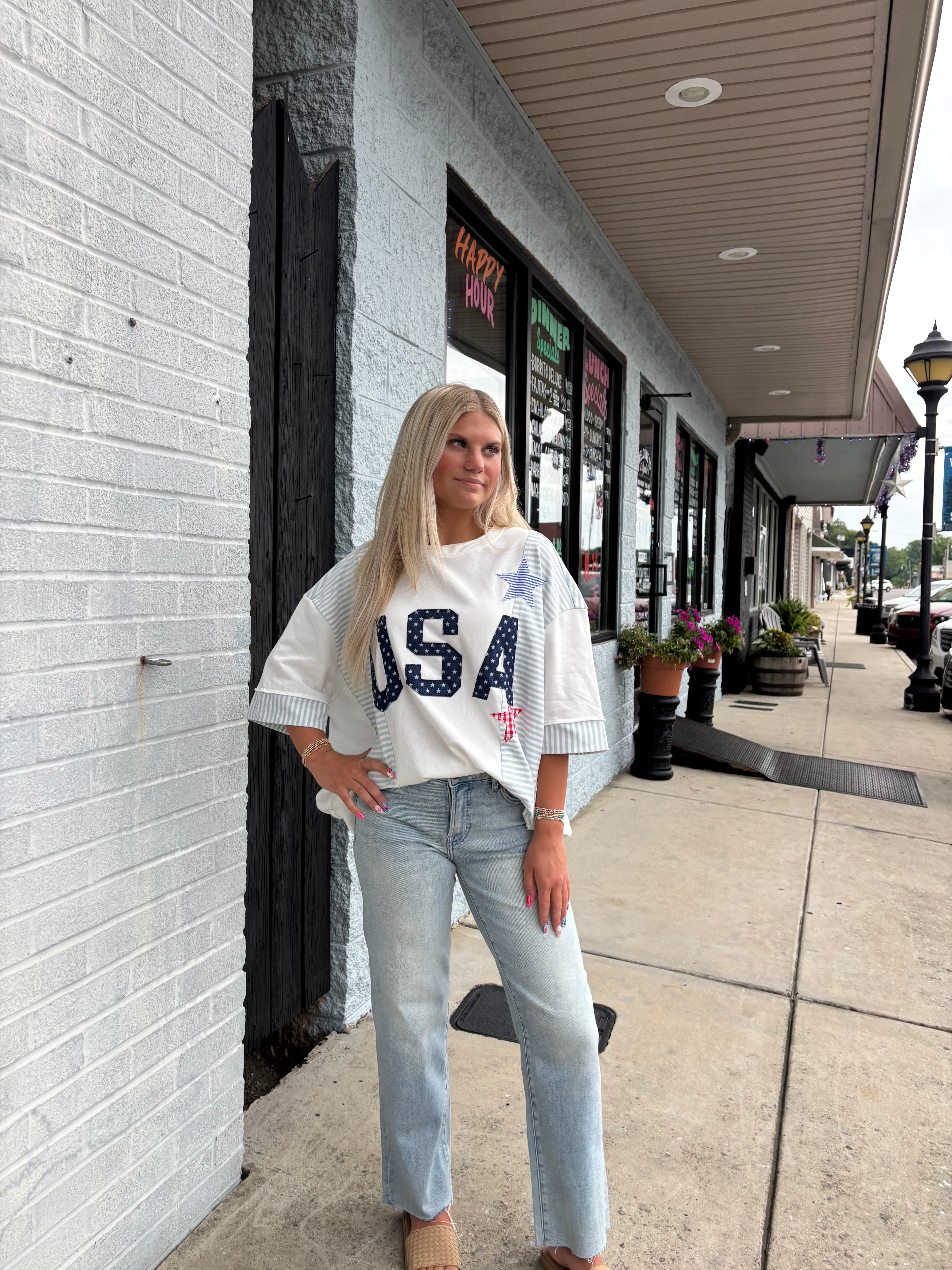 WHITE USA Star Patchwork Oversized Top
