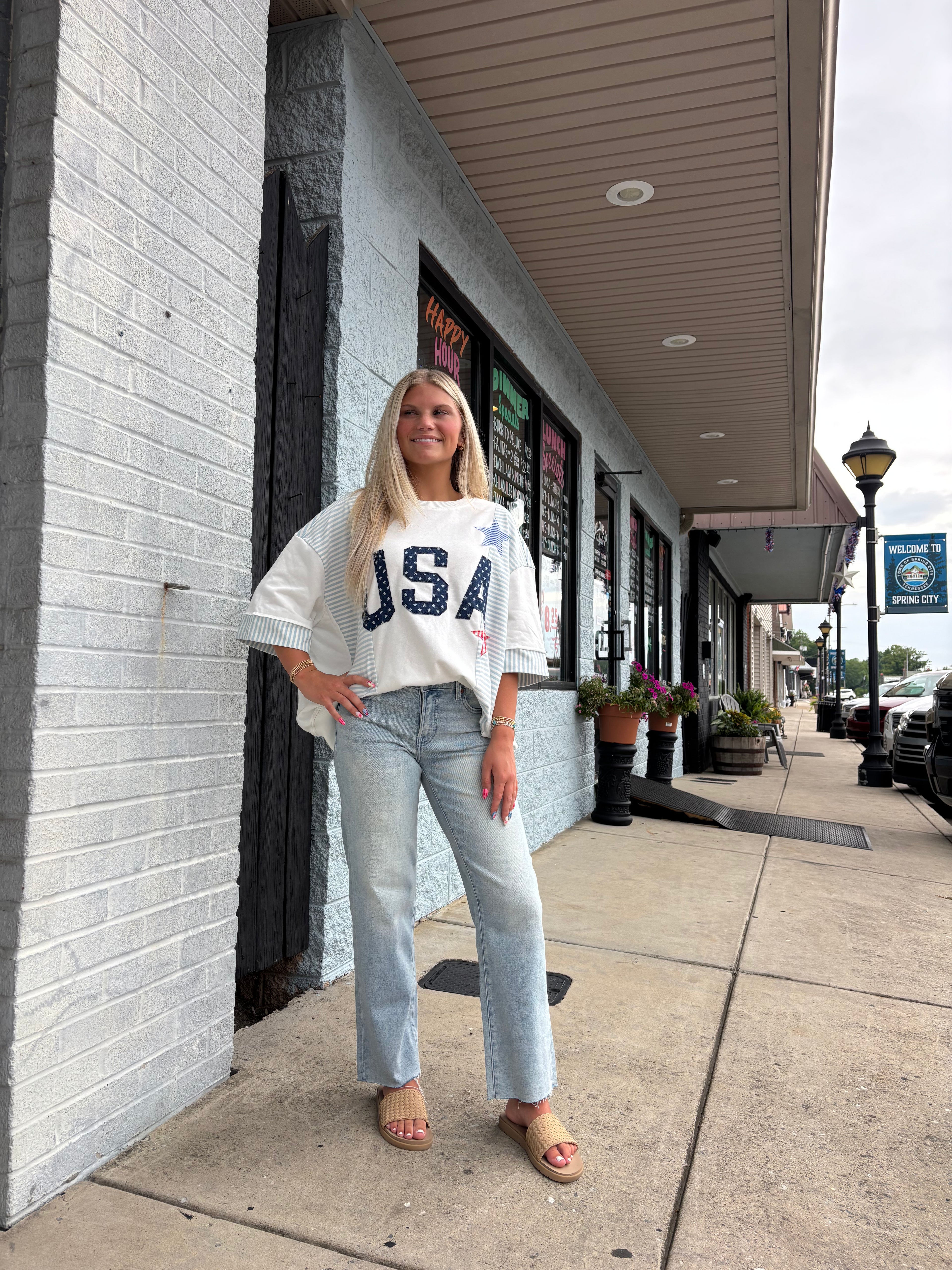 WHITE USA Star Patchwork Oversized Top