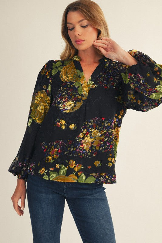 BLACK PUFF SLEEVE FLORAL TOP