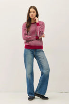BURGUNDY/GREY STRIPED LONG SLEEVE SWEATER TOP