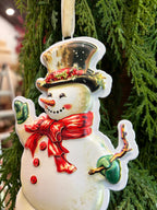 Metal Snowman w/red bow orn.