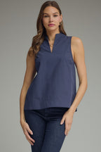 NAVY SPLIT V-NECK W/COLLAR TOP