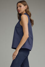 NAVY SPLIT V-NECK W/COLLAR TOP